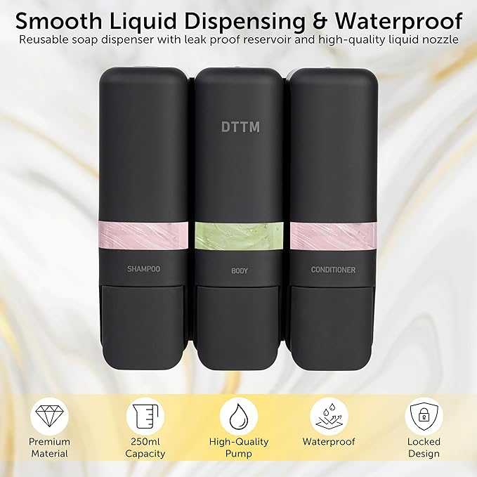 Shower Soap Dispenser 3 Chamber No Drill, Wall Mounted Shampoo Conditioner Body Wash Dispenser, Stick-On Installation, Lockable Matte Black, Refillable 250ml x 3 for Bathroom & Hotel