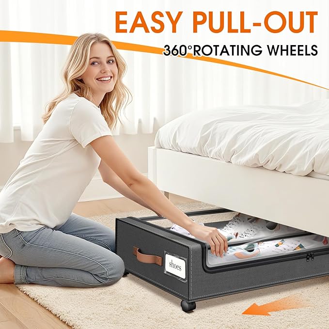 SpaceHacks Under Bed Storage with Wheels 1Pack Storage Containers with Clear Window&Label Under Bed Drawers Rolling Under Bed Storage for Clothes