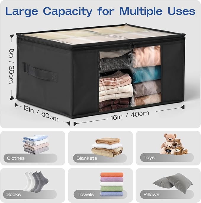 Clothes Storage Bags, Foldable Thick Fabric Blanket Storage Bags, Black, 4PACK