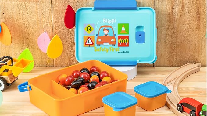 Zak Designs Blippi Reusable Plastic Bento Box with Leak-Proof Seal, Carrying Handle, Microwave Steam Vent, and Individual Containers for Kids' Packed Lunch (3-Piece Set)