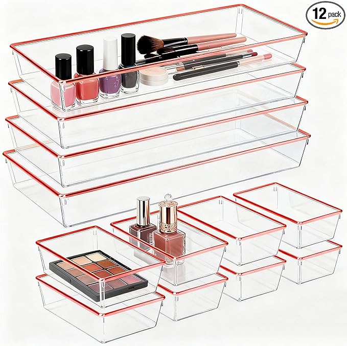 12 Pack Large Size Clear Stackable Drawer Organizer Trays, Rose Gold Rim Makeup Drawer Storage Tray Divider, Desk Storage for Makeup, Jewelry