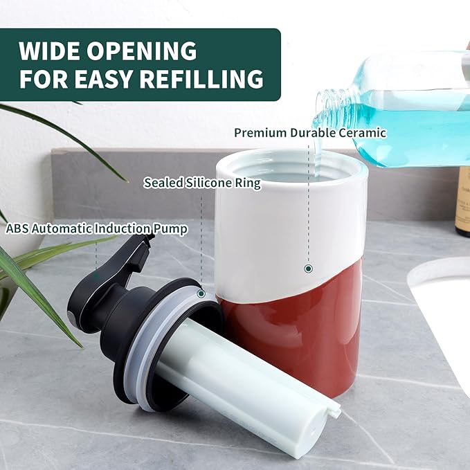 BosilunLife Automatic Soap Dispenser Ceramic Hand Free Soap Dispenser with Waterproof Pump Rechargeable Smart Electric Soap Lotion Dispenser Touchless for Kitchen Bathroom (White-Red, Liquid Pump)