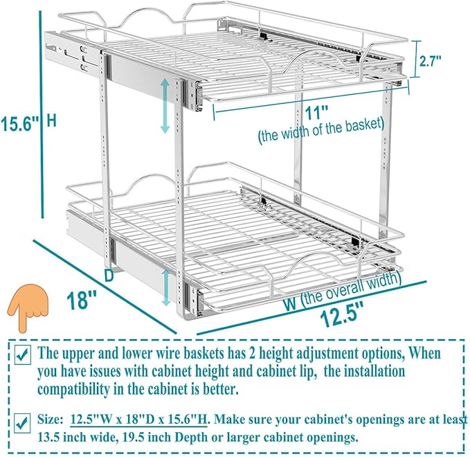 OCG 2 Tier Pull Out Cabinet Organizer (12.5" W x 18" D), Pull Out Drawers for Kitchen Cabinets, Pull Out Shelves for Base Cabinet Organization in Kitchen Bathroom Pantry, Chrome Finish