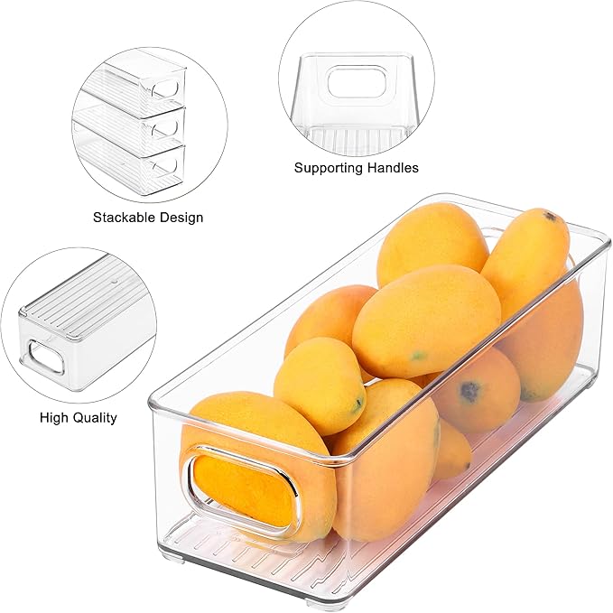 Stackable Plastic Food Storage Bin with Handles for Kitchen Pantry, Cabinet, Refrigerator, Freezer - Organizer for Fruit, Yogurt, Squeeze Pouches
