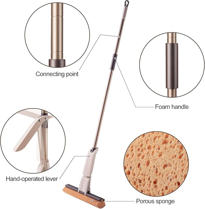 Eyliden Sponge Mop with 2 Reusable Heads | Self-Wringing Floor Mop with Absorbent Honeycomb Sponge | Kitchen Bathroom Hardwood Laminate Tile Marble Floors Cleaning for Home and Commercial Use