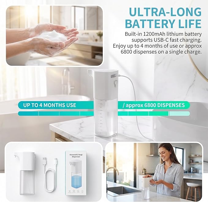 Automatic Foaming Soap Dispenser,Touchless Foam Soap Dispenser 4-Level Adjustable Electric,Auto Bathroom Kitchen Hand Soap Dispenser,18.6oz/550ml,Wall Mounted,Rechargeable