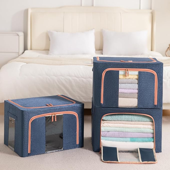 GuliPostan 100L Stackable Clothes Storage Bins with Metal Frame Handles & Zipper, Collapsible Closet Organizer Box with Lid for Bedding Blankets Towel