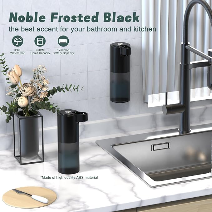 Automatic Dish Soap Dispenser for Kitchen Wall Mounted Touchless Liquid Soap Dispenser USB C Rechargeable for Hand for Bathroom IPX5 Waterproof, Matte Black