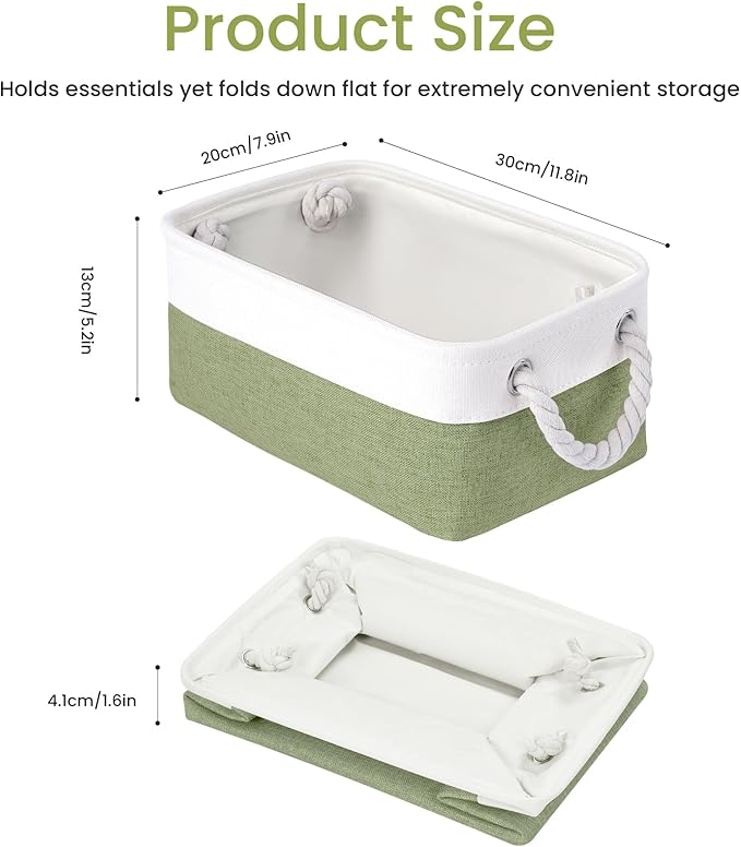 Storage Baskets for Shelves 11.8x7.9x5.2 Inch, Foldable Fabric Storage Bins with Handles, Small Storage Baskets for Organizing Closet, Office, Home Organization (3-Pack, White&Green)