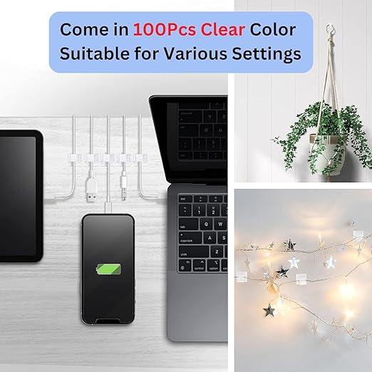 [100Pcs] Outdoor Light Clips, Adhesive Cable Clips for Wall, Wire Holder Cable Management Cord Organizer Hooks, Christmas Light Clips for Outside, Hooks for Outdoor String Lights Clips (Clear, Small)