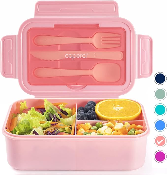 Caperci Classic Bento Box Adult Lunch Box for Older Kids - Leakpoof 47 oz 3-Compartment Lunch Containers for Adults and Teens, Built-in Utensil Set