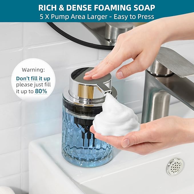 RYTOXILO Foaming Soap Dispenser, Clear Glass Foam Hand Soap Dispenser for Bathroom, Refillable 7.8 Fl Oz Foamy Pump Bottle with Plastic Sliver Pump, Modern Dish Soap Foam Dispenser Container