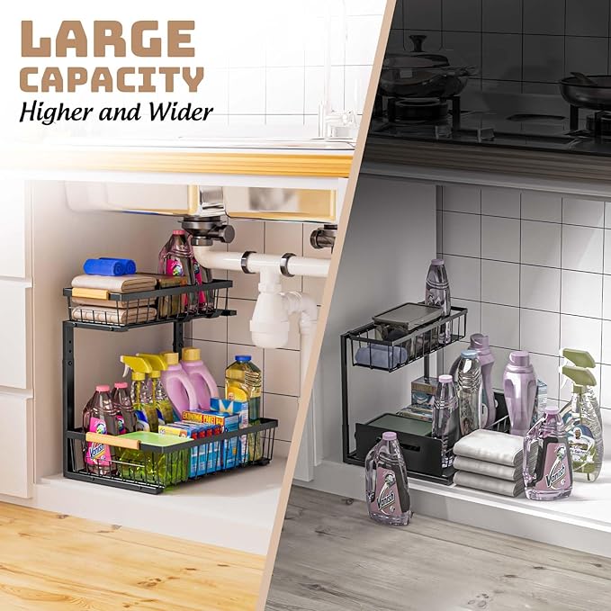 Under Sink Organizer and Storage, Slide Out Under Cabinet Storage Pull Out Sink Shelf Cabinet Storage Shelves, Undersink Organizers for Kitchen Bathroom Cabinet