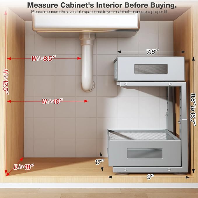 1 Pack 17IN Depth Under Sink Organizer, 2-Tier Pull Out Cabinet Organizer With Smooth Circular Rail, Large Capacity Metal Mesh Sliding Drawers For Bathroom& Kitchen Storage,Height Adjustable-Gun Gray