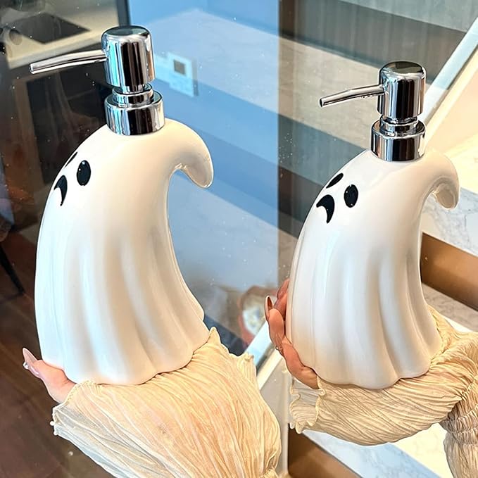 Cute Ceramic Ghost Soap Dispenser - 1pc Ghost Shape Lotion Bottle, Refillable Hand Liquid Soap Dispenser with Pump for Bathroom Decor, Dish Soap Bottle for Kitchen Countertop 400ml/13.5oz