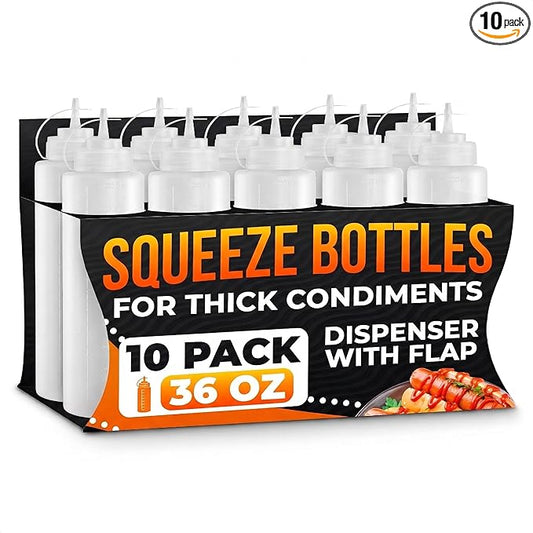 10-Pack Plastic Condiment Squeeze Bottles 36 oz – Refillable Squirt Bottles with Narrow Tip, Leak-Resistant | Great for Oil, Sauces, Ketchup