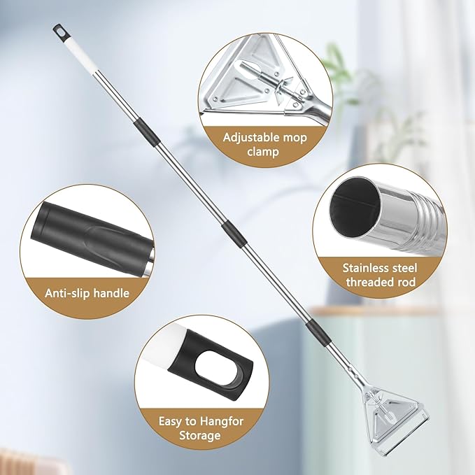 Heavy Duty Commercial Mop Handle, 59" Stainless Steel Adjustable Industrial Mop Rod Replacement - Quick Replacement, Universal for Home, Office, Garage, Workshop & Warehouse Floor Cleaning