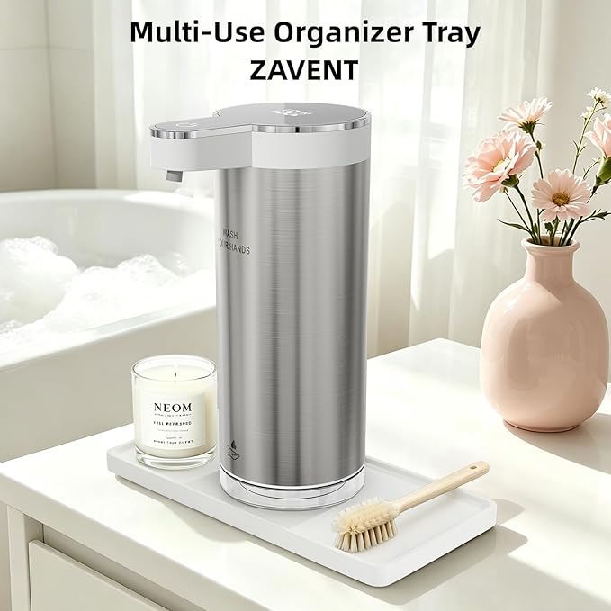 ZAVENT™ Touchless Automatic Soap Dispenser with Compact Black & White Organizer Tray for Kitchen & Bathroom Countertop, Stainless Steel Sensor Dispenser, Modern Design