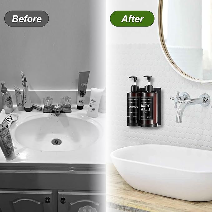 Shampoo and Conditioner Dispenser for Shower Wall, Body Wash Dispenser with 5 Waterproof Labels, No-Drill Wall Mounted Shower Soap Dispenser for Bathroom Decor Upgrade - Brown 1 Chamber