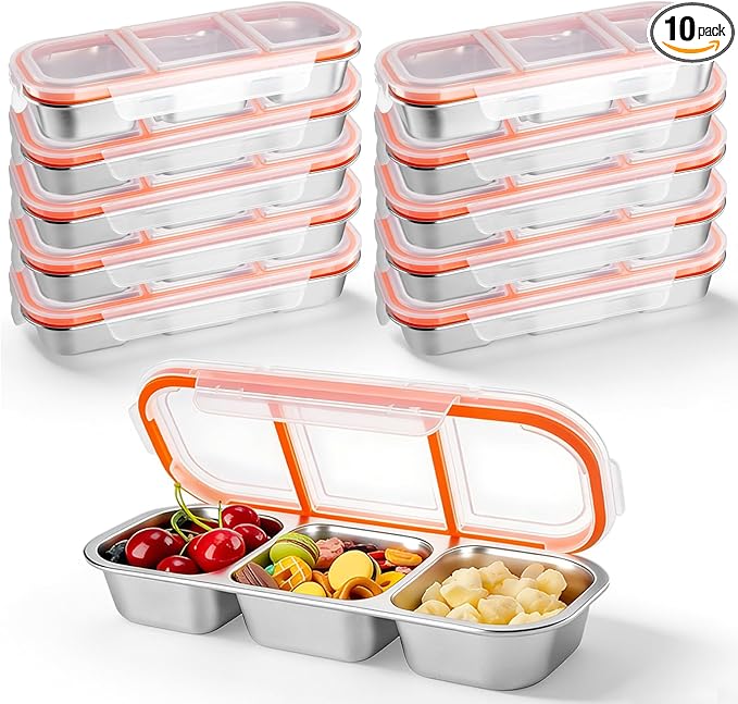 VZZNN 10 Pack Stainless Steel Snack Containers with Lids - 3 Compartments Reusable Metal Bento Boxes Divided Food Storage Containers For School,Office Home And Travel Stackable Lunch Boxes