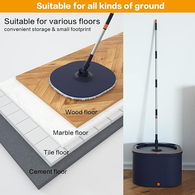 Flat Floor Mop and Bucket System Set with Wringer, Spin Mop and Bucket Separate Clean and Dirty Water with Self Separation for Hardwood, Laminate, Tile, Floor Cleaning, Wet and Dry Use, Navy Blue