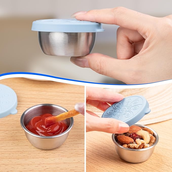 MICEBAY 8-Pack Salad Dressing Container To Go, 1-oz Silicone Small Condiment Squeeze Bottles and 1.6 oz Stainless Steel Sauce Containers Cups