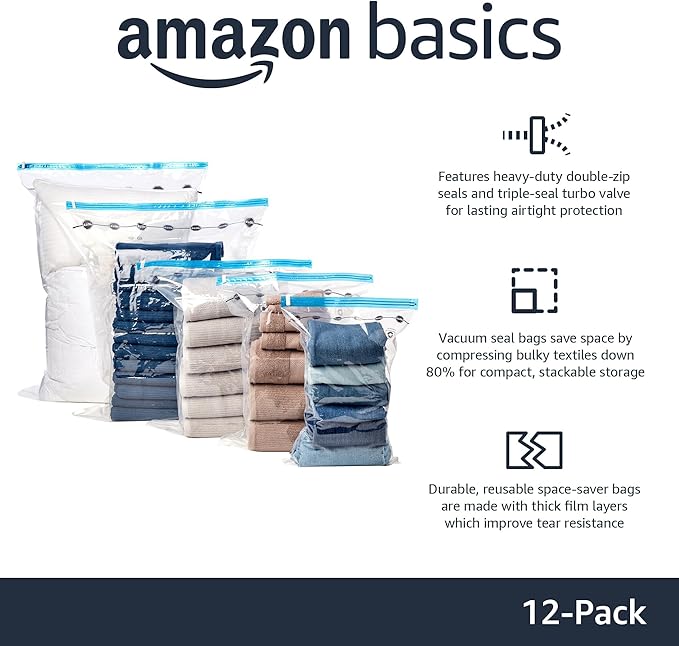 Amazon Basics Vacuum Storage Bags with Hand Pump for Travel, 3 Large & 3 Jumbo)
