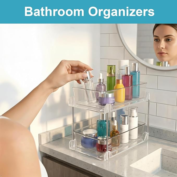 2 Pack Bathroom Organizers and Storage,2-Tier Clear Under Sink and Pull-Out Cabinet Organizer with Track for Kitchen, Pantry,Vanity Countertop,Medicine Cabinet,Closet Drawers Bins