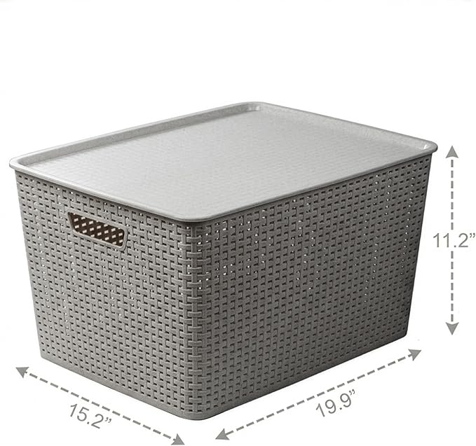 Plastic Storage Baskets with Lids, 45 Liter, 3 Pack, Natural Grey