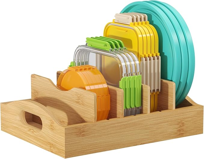 Lifewit Bamboo Lid Organizers for Inside Cabinet, Food Storage Container Lid Holder with 4 adjustable Inserts & 5 Sections, Kitchen Pantry organizer and storage, 10.6" X 8.3"