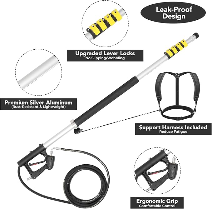 24 FT Telescoping Pressure Washer Wand with 4 Dusters for House Cleaning, 4500PSI Gutter Cleaning Tools with 3 Pcs Curve Wands & Adjustable Support Belt & 7 Pcs Nozzles