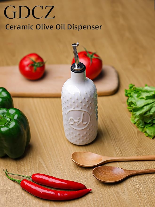 GDCZ Ceramic Olive Oil Dispenser Bottle, 15 Oz Relief Opaque Oil Cruet for Kitchen Counter, Oil Dispenser for Storage Oil, Vinegar, Soy Sauce, Coffee Syrup, Liquids (White)