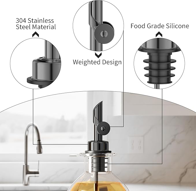 Auto Flip Liquor Pour Spouts 4-Pack, Leak-Proof 304 Stainless Steel Wine Pourer & Olive Oil Dispenser with Food-Grade Silicone for Kitchen, Bar, Restaurant (Black)