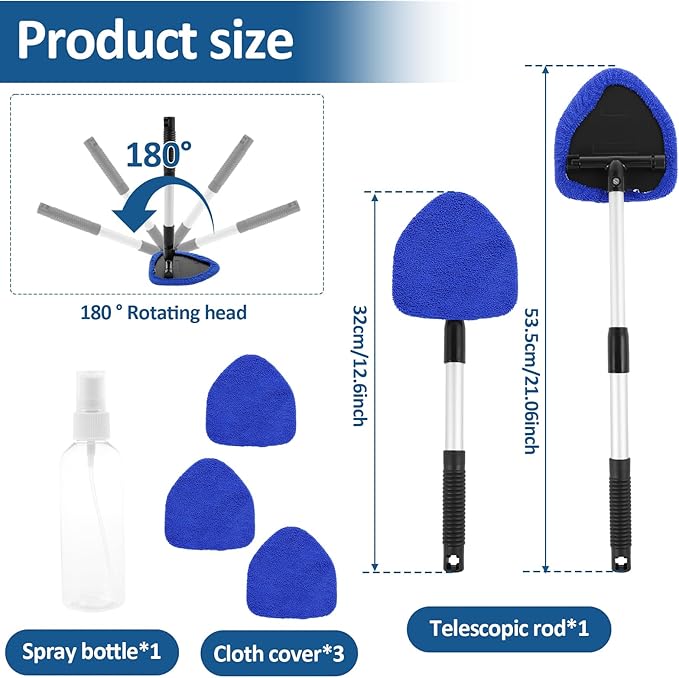 Windshield Cleaning Tool, Car Window Cleaner with Extendable Long Handle and 4 Washable Reusable Microfiber Pads and Spray Bottle