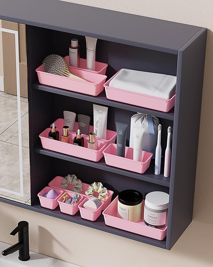 25 PCS Plastic Drawer Organizers Set, 4-Sizes Vanity and Makeup Organizer, Pink