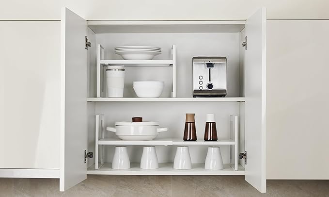 Nxconsu 2Pack Cabinet Shelf Organizer Expandable 5 Heights Adjustable Stackable Rack Riser for Kitchen Pantry Cupboard Under Sink Organization Storage Space Saver Heavy Duty Metal White Large