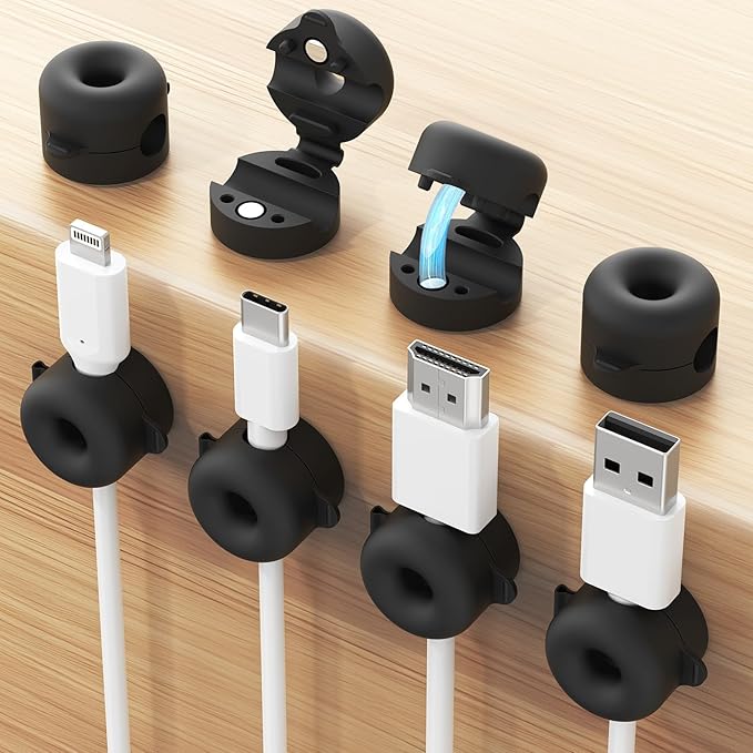 8 Pack Magnetic Cable Clips, Cord Organizer [Mini Soft Silicone] Durable Cord Holder for Phone Charger Cord, Adhesive Cable Management for Nightstand, Home Office Desk Accessories (Black)