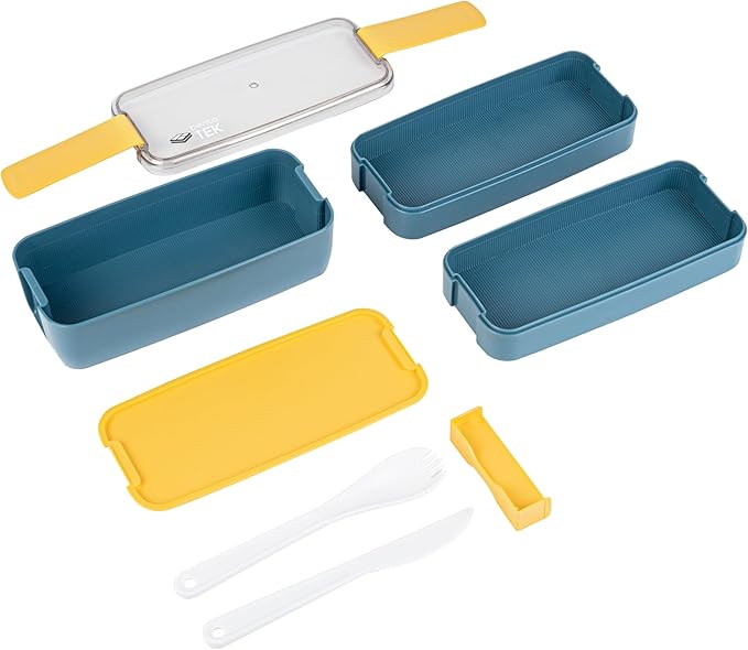 Restaurantware Bento Box 1 Count 30 Ounce Plastic Lunch Box Stackable With Cutlery, Leakproof Microwave-Safe Meal Prep Container Stackable Blue