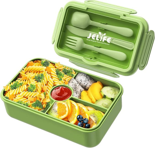 Jelife Bento Box Kids Lunch Box - Large Bento-Style Leakproof with 4 Compartments Food Storage Container with Tableware for Kids Back to School
