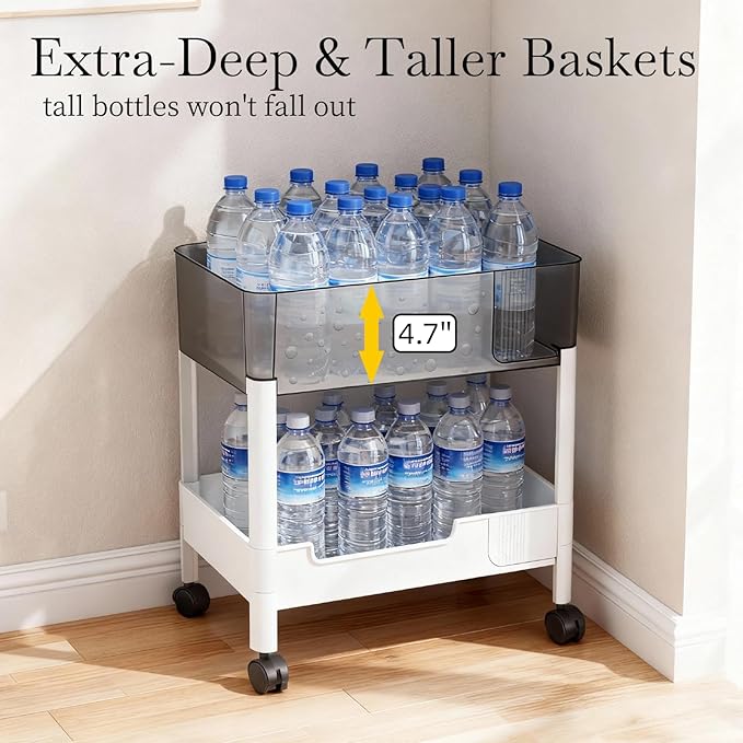 2 Tier Rolling Cart with Wheels for Under Desk Storage, Heavy Duty Plastic Short Small Utility Cart for Small Space Bathroom Vanity Makeup Organizer Pantry, 4.7'' Deep Baskets for Tall Bottles