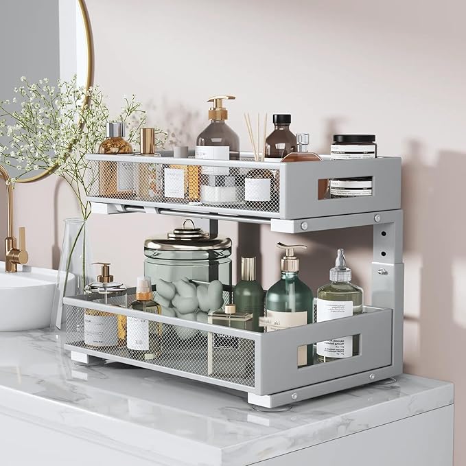 1 Pack 17IN Depth Under Sink Organizer, 2-Tier Pull Out Cabinet Organizer With Smooth Circular Rail, Large Capacity Metal Mesh Sliding Drawers For Bathroom& Kitchen Storage,Height Adjustable-Gun Gray