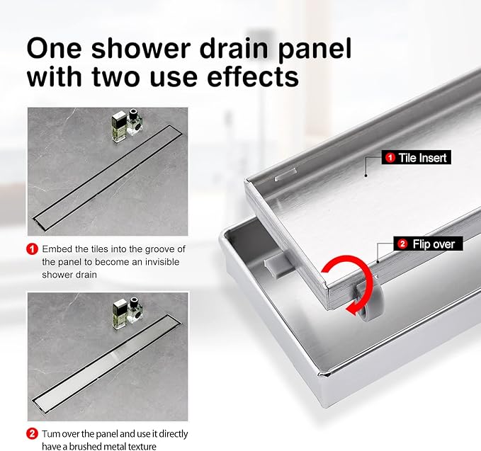 SaniteModar Linear Shower Drain, Shower Drain 16 inch Tile Insert 2 in 1 Panels, 304 Stainless Steel Brushed Shower Floor Drain