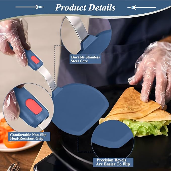 Tenta Kitchen Silicone Pancake Spatula Turner for Cooking and Baking- 600°F Heat Resistant Rubber Egg Spatulas (Blue Round Spatula)