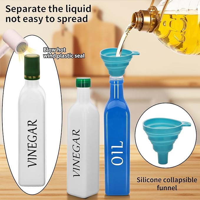 Olive Oil Dispenser Bottle,2 Pcs 17oz 500ml Glass O il and Vinegar Dispenser Set with 2 Stainless Steel Pourers, 8 Labels,Funnel Vinegar Bottles for Kitchen (Blue Oil & White Vinegar)