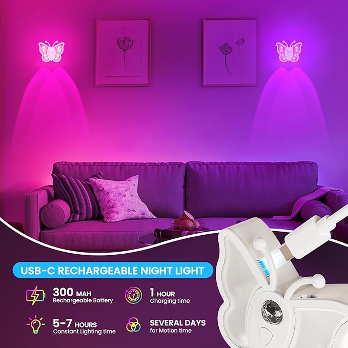 LOFTEK Rechargeable Motion Sensor Light, RGB Color Changing & Dimmable Night Light, Cute Butterfly Light for Kids' Bedroom, Bathroom, Hallway, Tent & Stairs - Ideal Home Decor & Gift, Yellow of 4