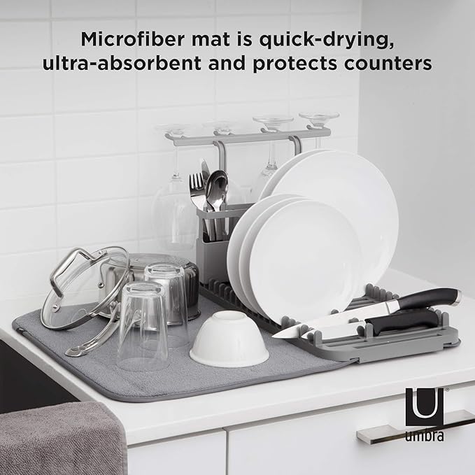 Umbra Udry Dish Rack and Microfiber Drying Mat – Space-Saving Design Folds Up for Easy Storage, Rack with Caddy, Gray