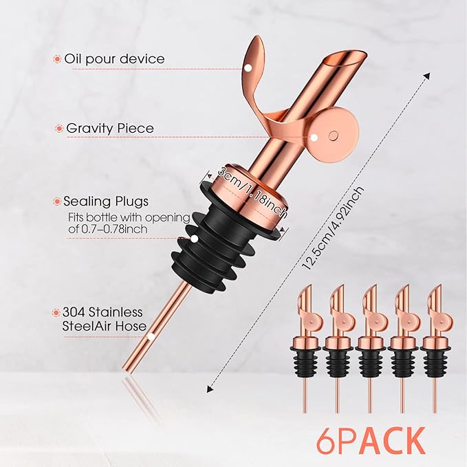 Kinlop 6 Pcs Weighted Stainless Steel Liquor Bottle Pourers Auto Flip Olive Oil Dispenser Spout Balsamic Alcohol Pourer Spouts (Rose Gold)