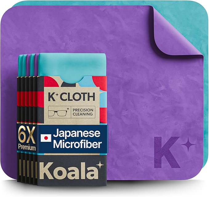 Koala Lens Cleaning Cloth | Japanese Microfiber | Glasses Cleaning Cloths | Eyeglass Lens Cleaner | Eyeglasses, Camera Lens, VR/AR Headset, and Screen Cleaning | Blue & Purple (Pack of 6)