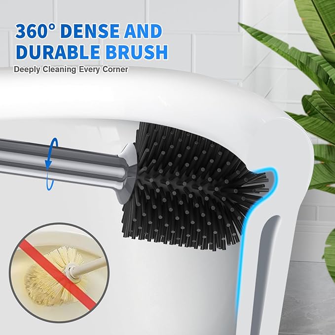 Toilet Plunger and Brush, Silicone Bowl Brush and Heavy Duty Toilet Plunger Set with Ventilated Holder, 2-in-1 Toilet Brush and Plunger Combo for 5.3-inch Bathroom Cleaning (Gray, 1 Set)