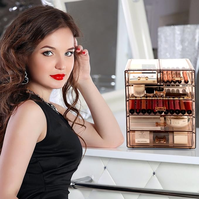 Sorbus Acrylic Makeup Organizer Set, 6-Drawer Vanity & Countertop Cosmetic Storage with Small & Wide Drawers, Bronze Glow Makeup Storage for Brushes